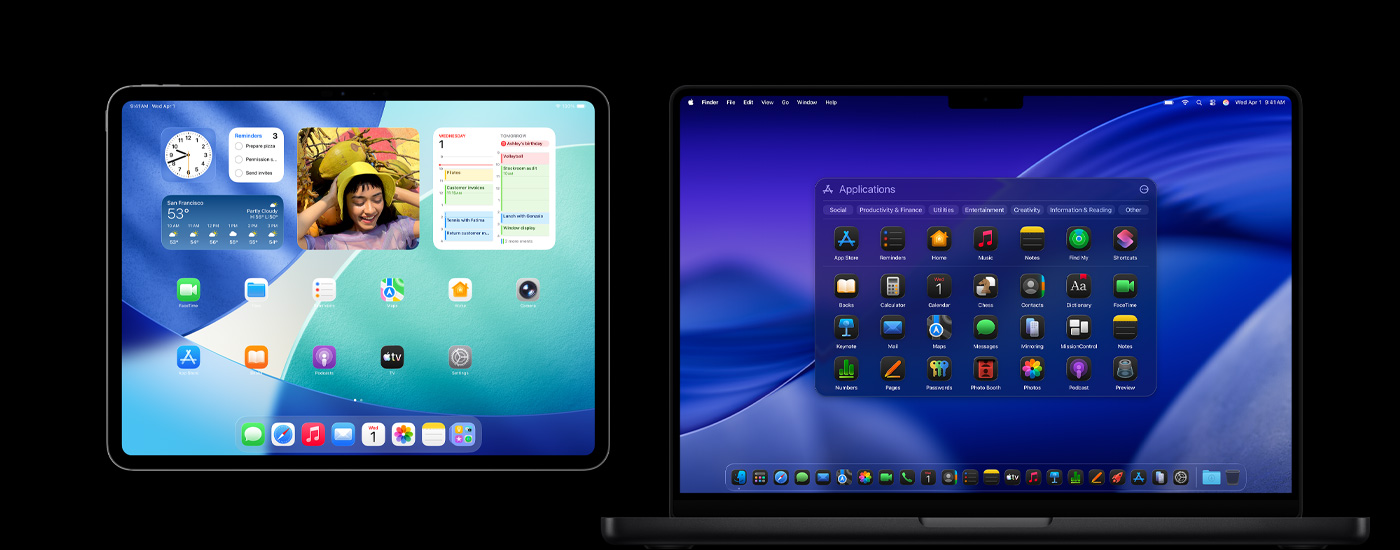 Un iPad y un Mac con varios íconos de apps. En el iPad hay diferentes widgets, como Calendario, Clima y Fotos. En el fondo del Mac se ve macOS Tahoe.