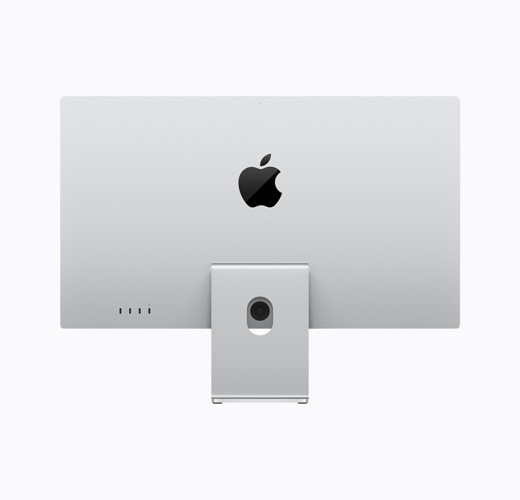 Apple Studio Display mit neigungsverstellbarem Standfuß, silber, Rückansicht, glänzendes schwarzes Apple Logo in der Mitte