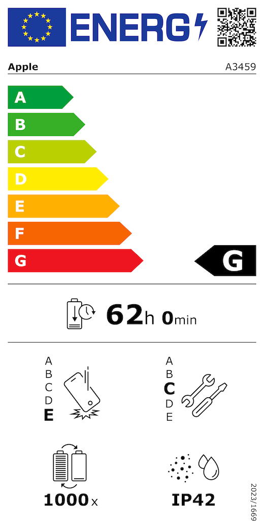 EU-Energielabel, QR Code und Informationen, Apple Modell A3459, Klasse G, Energieeffizienzklassen (auf einer Skala von A bis G), A (am effizientesten) bis G (am wenigsten effizient), Batterielaufzeit pro Zyklus, 62 Std. und 0 Min. pro voller Batterieladung, Sturzfestigkeit Klasse E für wiederholten freien Fall, A (am robustesten) bis E (am wenigsten robust), Reparierbarkeit der Klasse C, A (am besten reparierbar) bis E (am wenigsten reparierbar), Batterielaufzeit 1.000 Ladezyklen, Schutzart gegen Eindringen von Staub und Wasser (IP) IP42, Verordnung 2023/1669