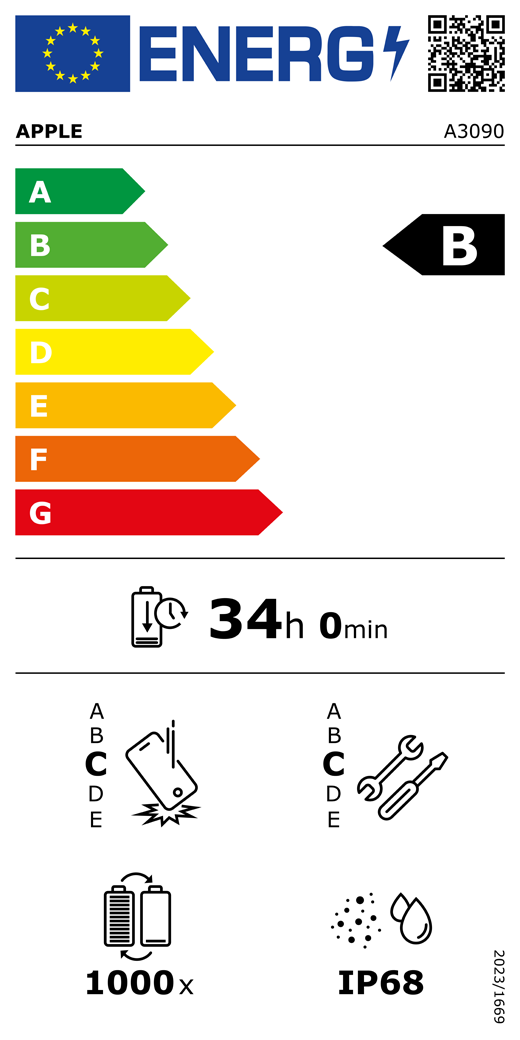 EUs energimerking, QR-kode og informasjon, Apple-modell A3090, klasse B, energieffektivitetsklasser (på en skala fra A til G), fra A (mest effektiv) til G (minst effektiv), batteritid per syklus, 34 timer og 0 minutter per fullading, holdbarhetsklasse C ved gjentatt fritt fall, fra A (mest holdbar) til E (minst holdbar), reparerbarhetsklasse C, fra A (mest reparerbar) til E (minst reparerbar), 1000 batterisykluser, støv- og vannbestandig med en rangering på IP68, forordning 2023/1669.