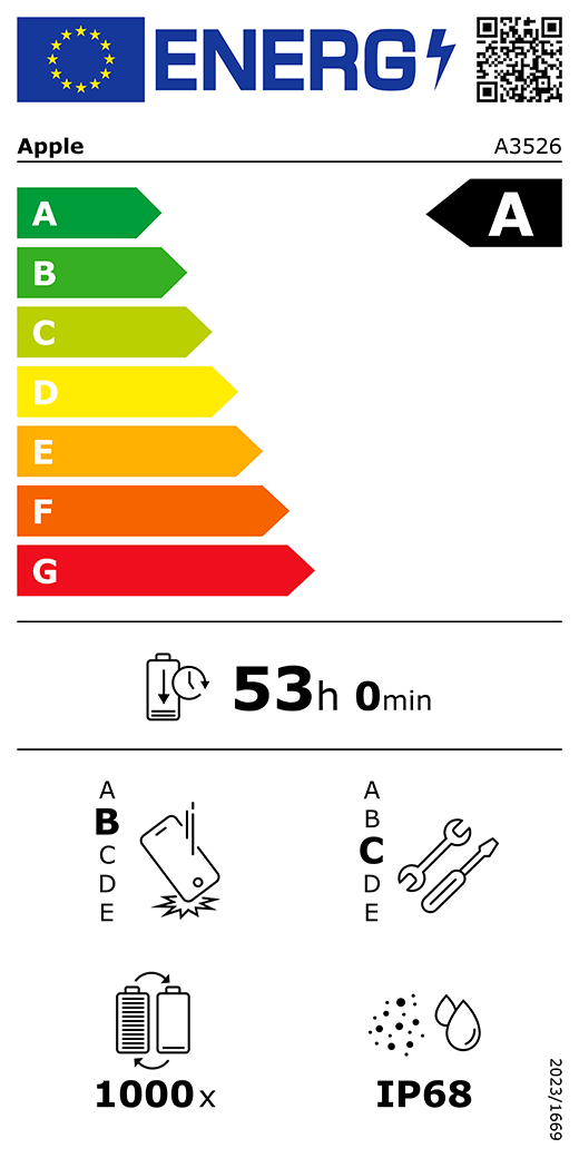 EUs energimerking, QR-kode og informasjon, Apple-modell A3526, klasse A, energieffektivitetsklasser (på en skala fra A til G), fra A (mest effektiv) til G (minst effektiv), batteritid per syklus, 53 timer og 0 minutter per fullading, holdbarhetsklasse B ved gjentatt fritt fall, fra A (mest holdbar) til E (minst holdbar), reparerbarhetsklasse C, fra A (mest reparerbar) til E (minst reparerbar), 1000 batterisykluser, støv- og vannbestandig med en rangering på IP68, forordning 2023/1669.