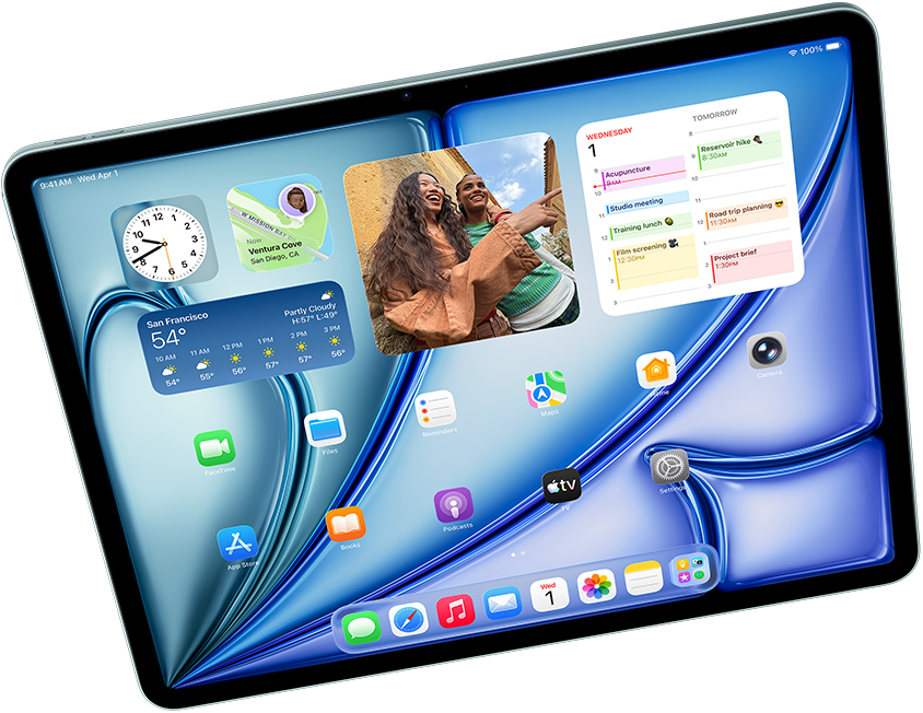 Gulsčio „iPad Air“ vaizdas, kuriame demonstruojamas „Apple Intelligence“ su „Image Playground“, „Keynote“ ir „Apple Pencil Pro“