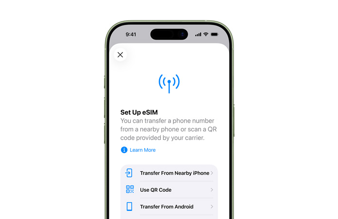 iPhone 17, front exterior, using the Set Up Cellular feature to easily transfer a phone number with eSIM