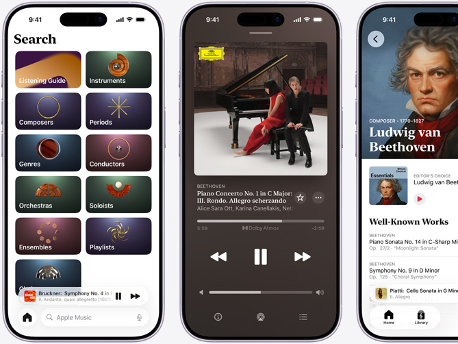 iPhone on left showing Apple Music Classical Browse tab with the Catalog tab selected with Composers, Periods, Genres, Conductors, Orchestras, Soloists, Ensembles and Choirs categories; iPhone in middle showing Beethoven's Piano Concerto No. 1 in C Major, Op. 15: III. Rondo. Allegro scherzando playing in Dolby Atmos; iPhone on right showing Ludwig van Beethoven's Composer page