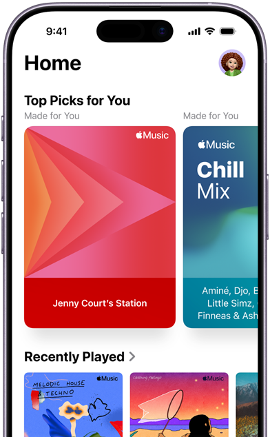 Fanen Hjem i Apple Music på iPhone med karrusellen Top Picks for You viser Jenny Courts personligt tilpassede stationer og playlister