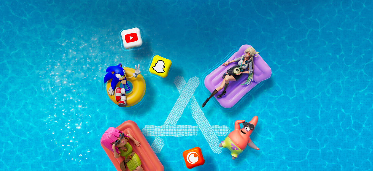 App Store, several animated characters including Sonic the Hedgehog and Patrick Star lounge in a pool surrounded by popular app icons like Snapchat, YouTube, and Crunchyroll.
